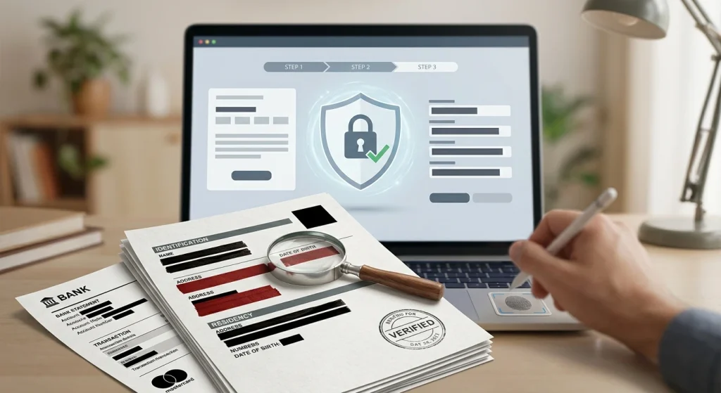 Secure identity verification checklist with redacted document placeholders