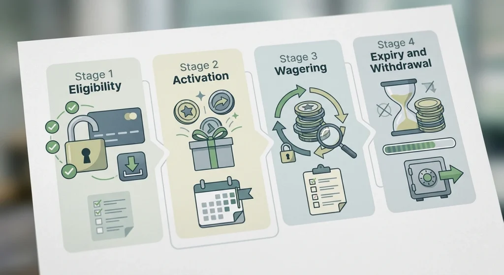 Bonus terms checklist with deposit, free-spin and condition symbols