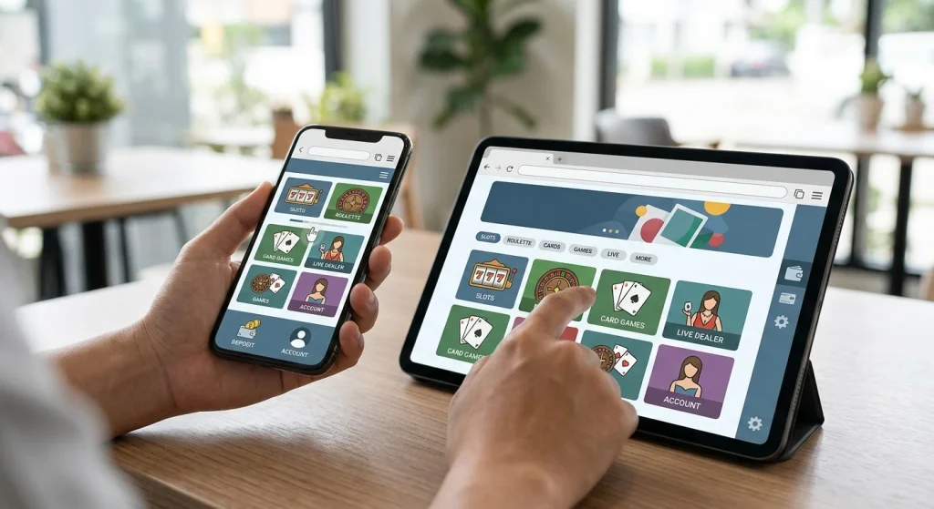 Mobile-browser casino use on a phone and tablet without app-store branding